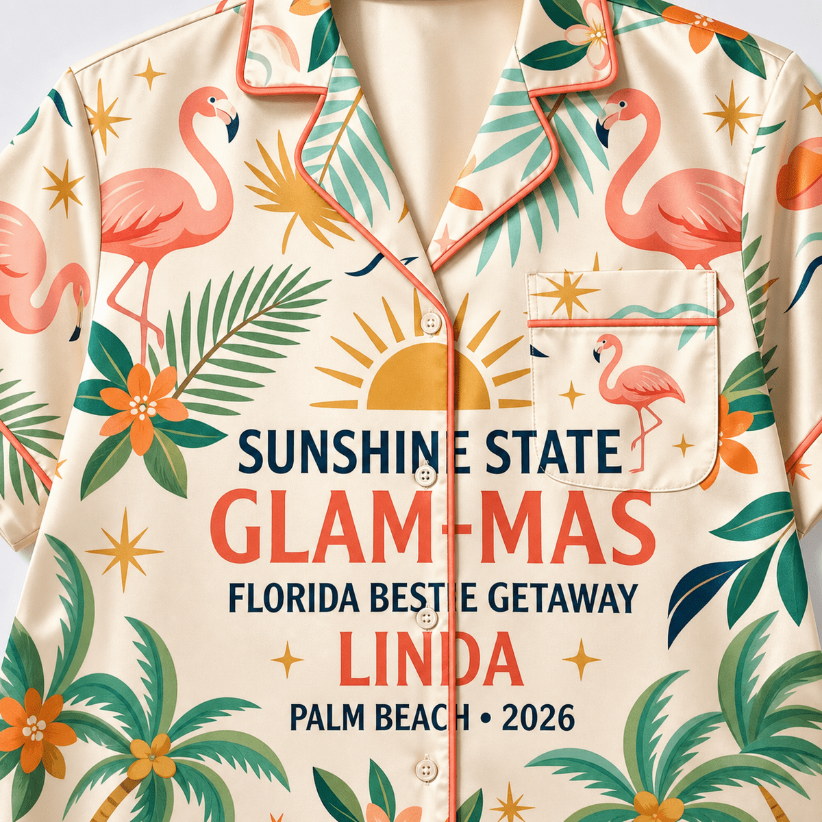 Personalized Glam-Mas Satin Pajama Shirt Dress | Florida Bestie Getaway Sleep Shirt | Matching Girls Trip Pajamas - FlamingoAholic