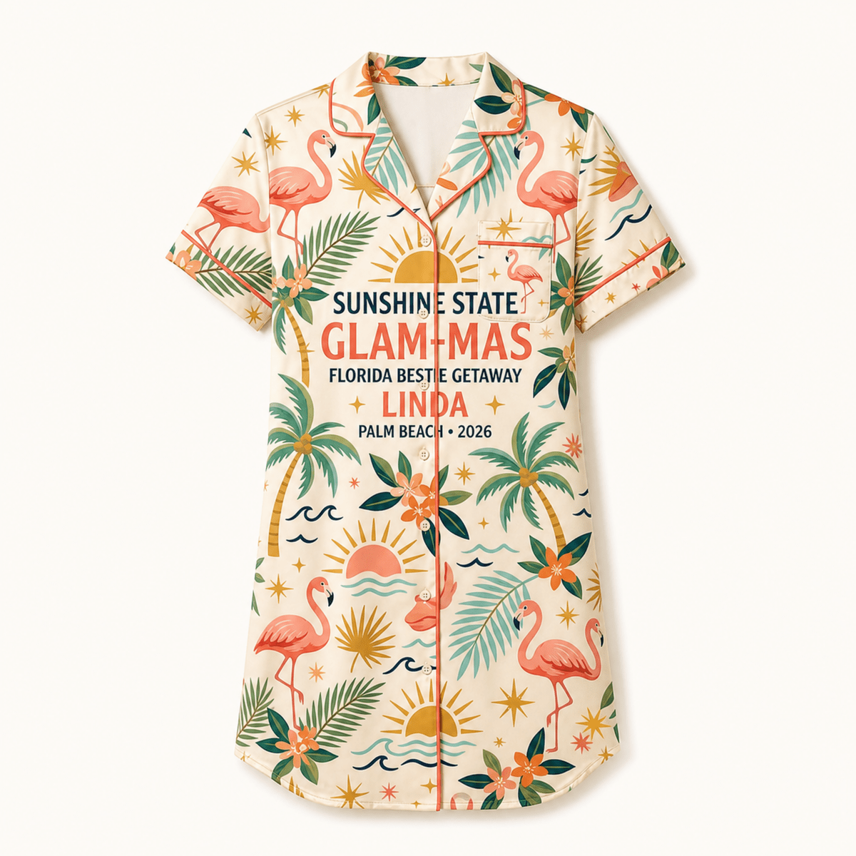 Personalized Glam-Mas Satin Pajama Shirt Dress | Florida Bestie Getaway Sleep Shirt | Matching Girls Trip Pajamas - FlamingoAholic