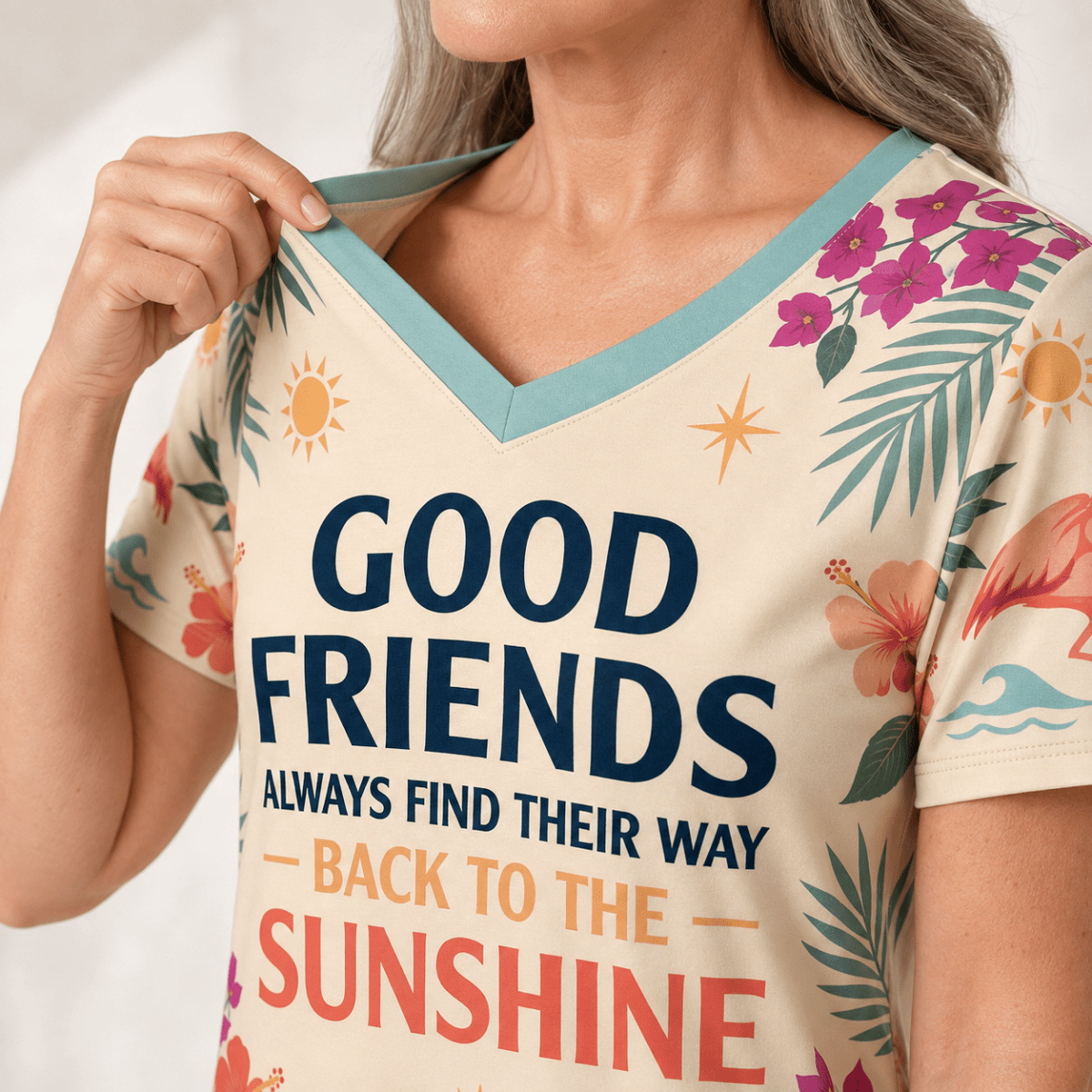 Personalized Good Friends Back to the Sunshine Women's V-Neck Dress | Flamingo Dress - FlamingoAholic