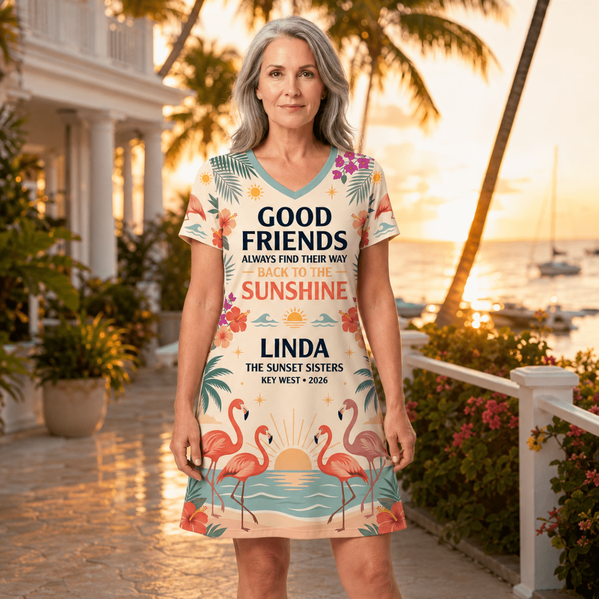 Personalized Good Friends Back to the Sunshine Women's V-Neck Dress | Flamingo Dress - FlamingoAholic
