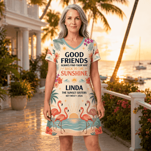 Personalized Good Friends Back to the Sunshine Women's V-Neck Dress | Flamingo Dress - FlamingoAholic