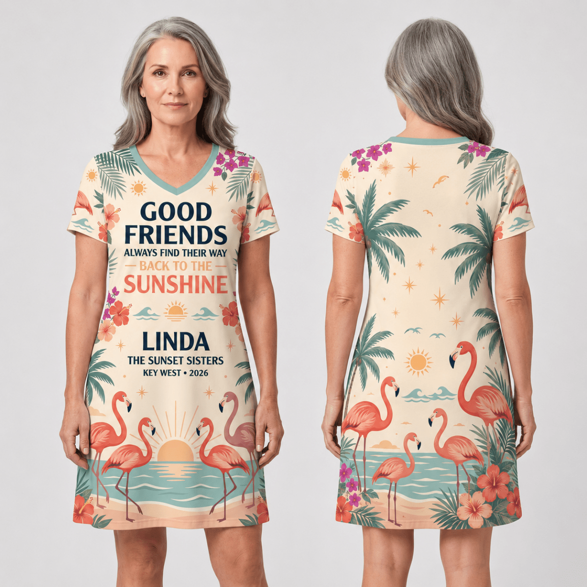 Personalized Good Friends Back to the Sunshine Women's V-Neck Dress | Flamingo Dress - FlamingoAholic