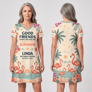 Personalized Good Friends Back to the Sunshine Women's V-Neck Dress | Flamingo Dress - FlamingoAholic