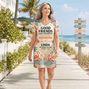 Personalized Good Friends Back to the Sunshine Women's V-Neck Dress | Flamingo Dress - FlamingoAholic