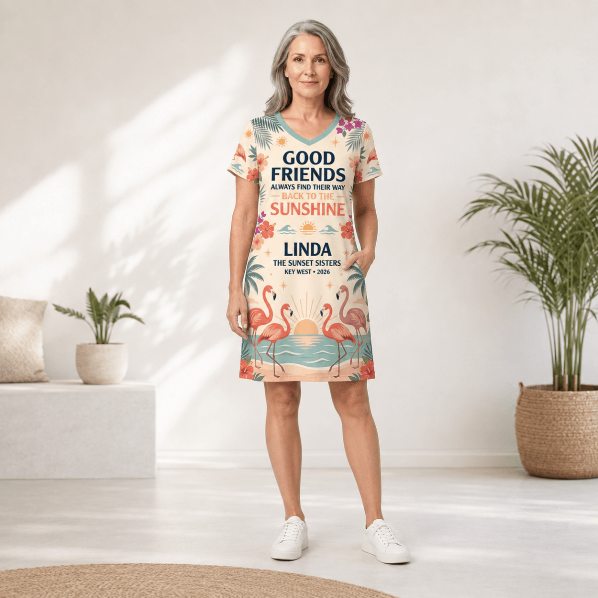 Personalized Good Friends Back to the Sunshine Women's V-Neck Dress | Flamingo Dress - FlamingoAholic