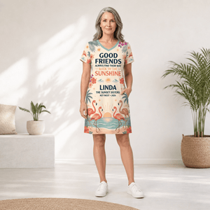 Personalized Good Friends Back to the Sunshine Women's V-Neck Dress | Flamingo Dress - FlamingoAholic