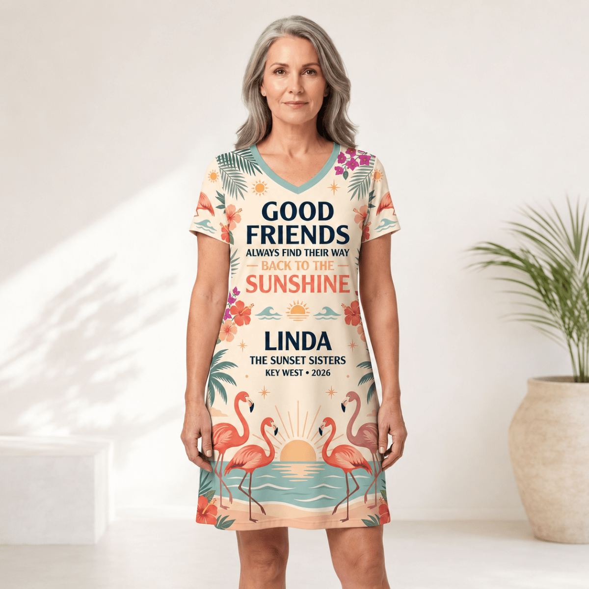 Personalized Good Friends Back to the Sunshine Women's V-Neck Dress | Flamingo Dress - FlamingoAholic