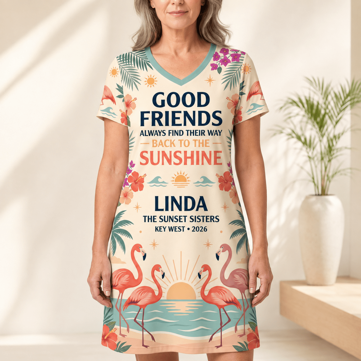 Personalized Good Friends Back to the Sunshine Women's V-Neck Dress | Flamingo Dress - FlamingoAholic