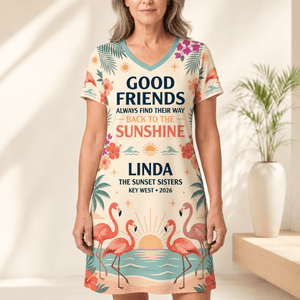 Personalized Good Friends Back to the Sunshine Women's V-Neck Dress | Flamingo Dress - FlamingoAholic