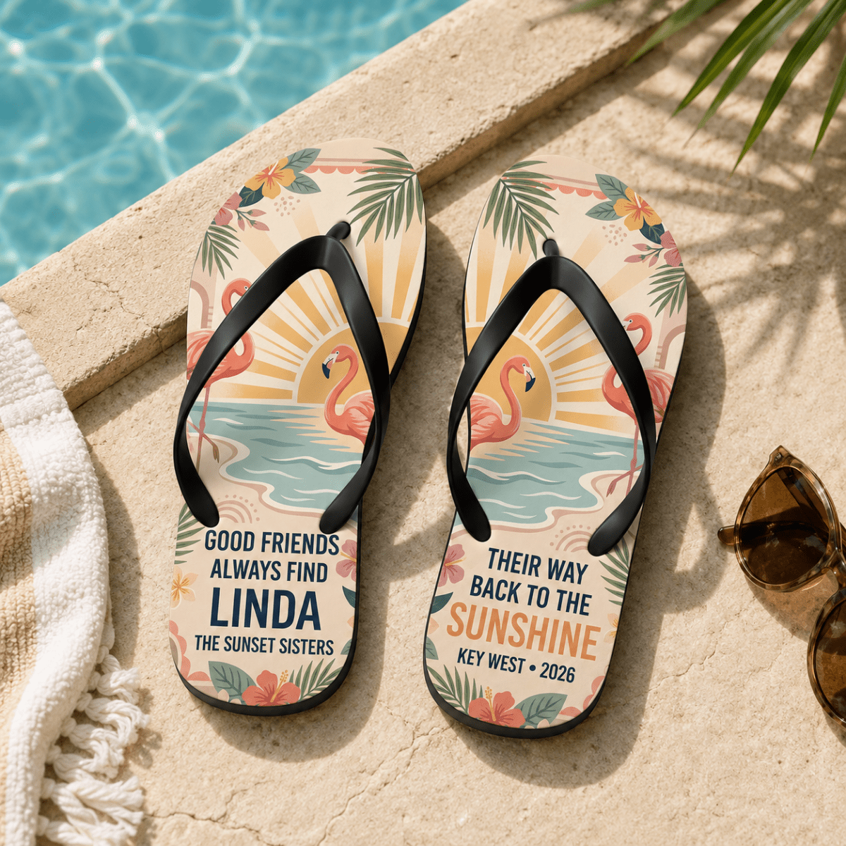 Personalized Good Friends Flamingo Flip Flops | Custom Best Friend Beach Sandals | Tropical Vacation Gift for Women - FlamingoAholic
