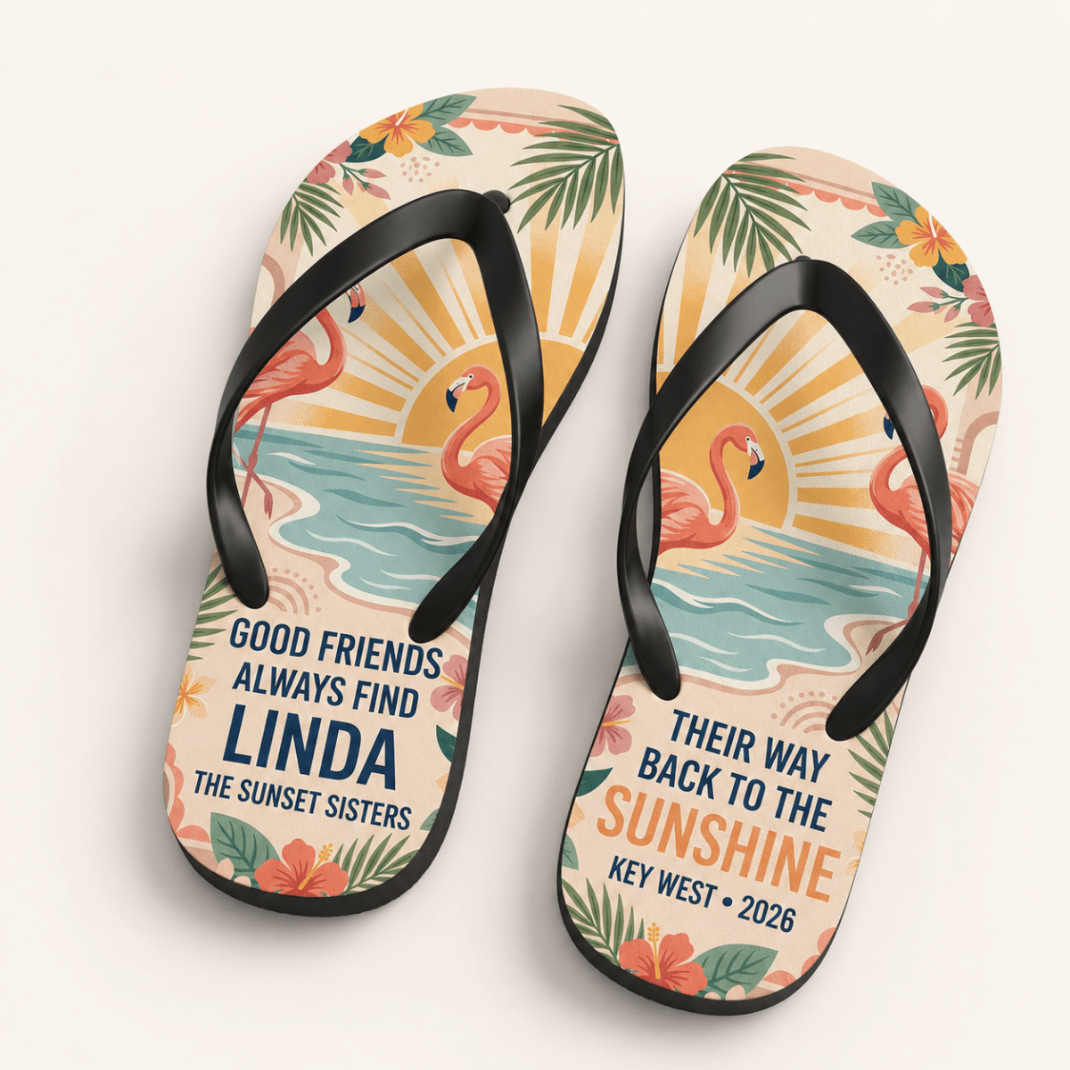 Personalized Good Friends Flamingo Flip Flops | Custom Best Friend Beach Sandals | Tropical Vacation Gift for Women - FlamingoAholic