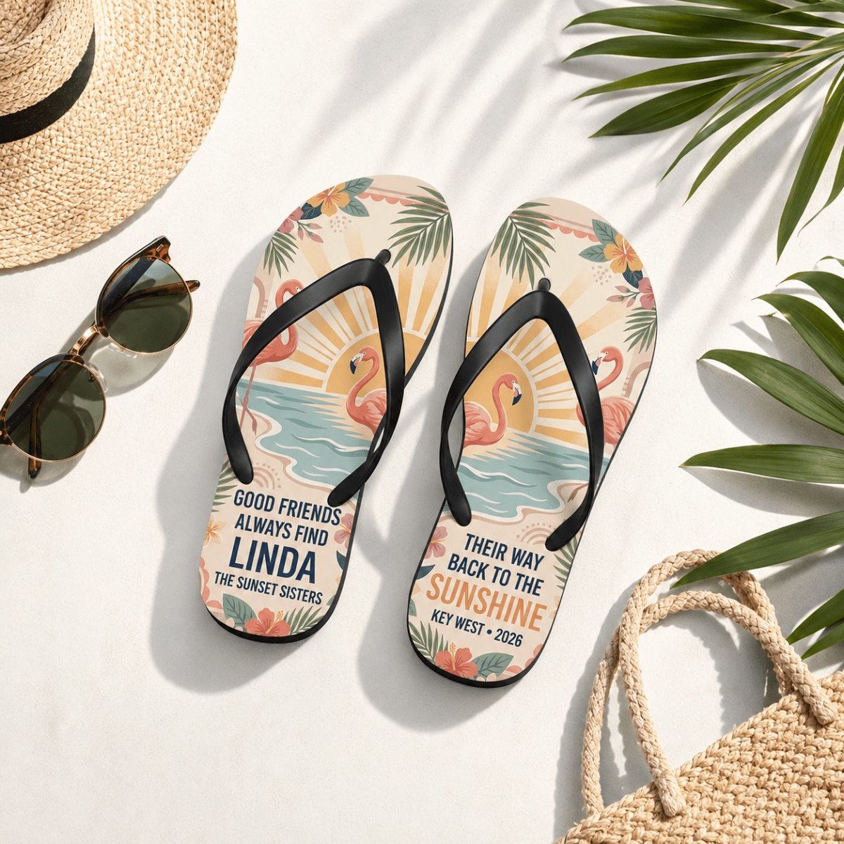Personalized Good Friends Flamingo Flip Flops | Custom Best Friend Beach Sandals | Tropical Vacation Gift for Women - FlamingoAholic