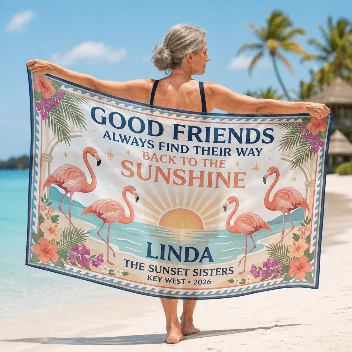Personalized Good Friends Sarong | Custom Flamingo Beach Wrap | Best Friends Vacation Gift - FlamingoAholic