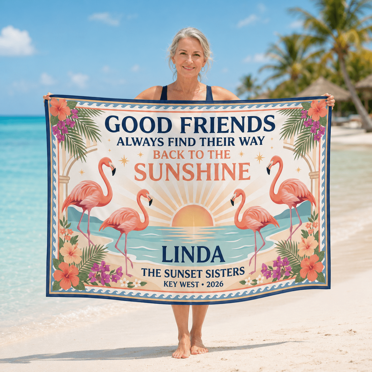 Personalized Good Friends Sarong | Custom Flamingo Beach Wrap | Best Friends Vacation Gift - FlamingoAholic