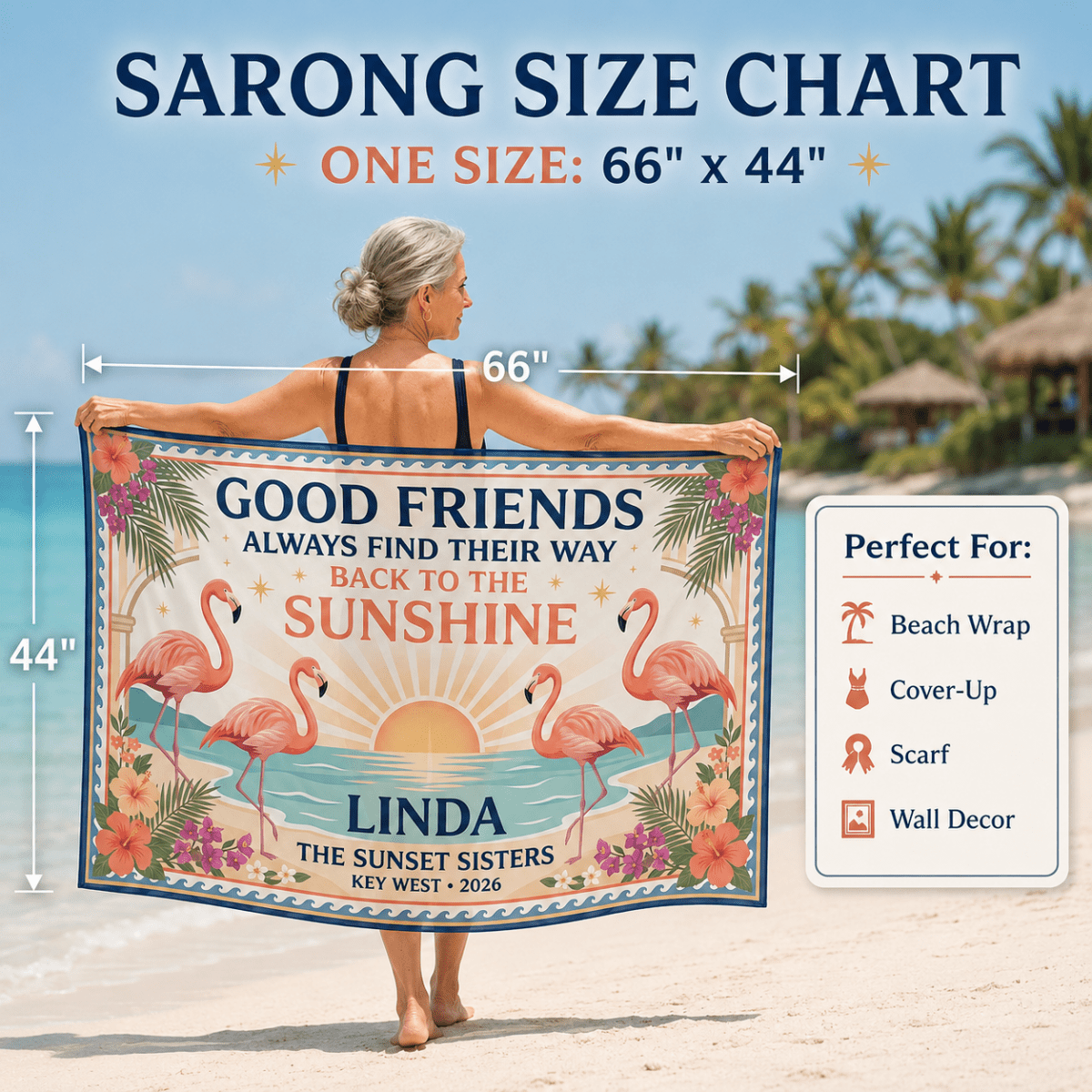 Personalized Good Friends Sarong | Custom Flamingo Beach Wrap | Best Friends Vacation Gift - FlamingoAholic