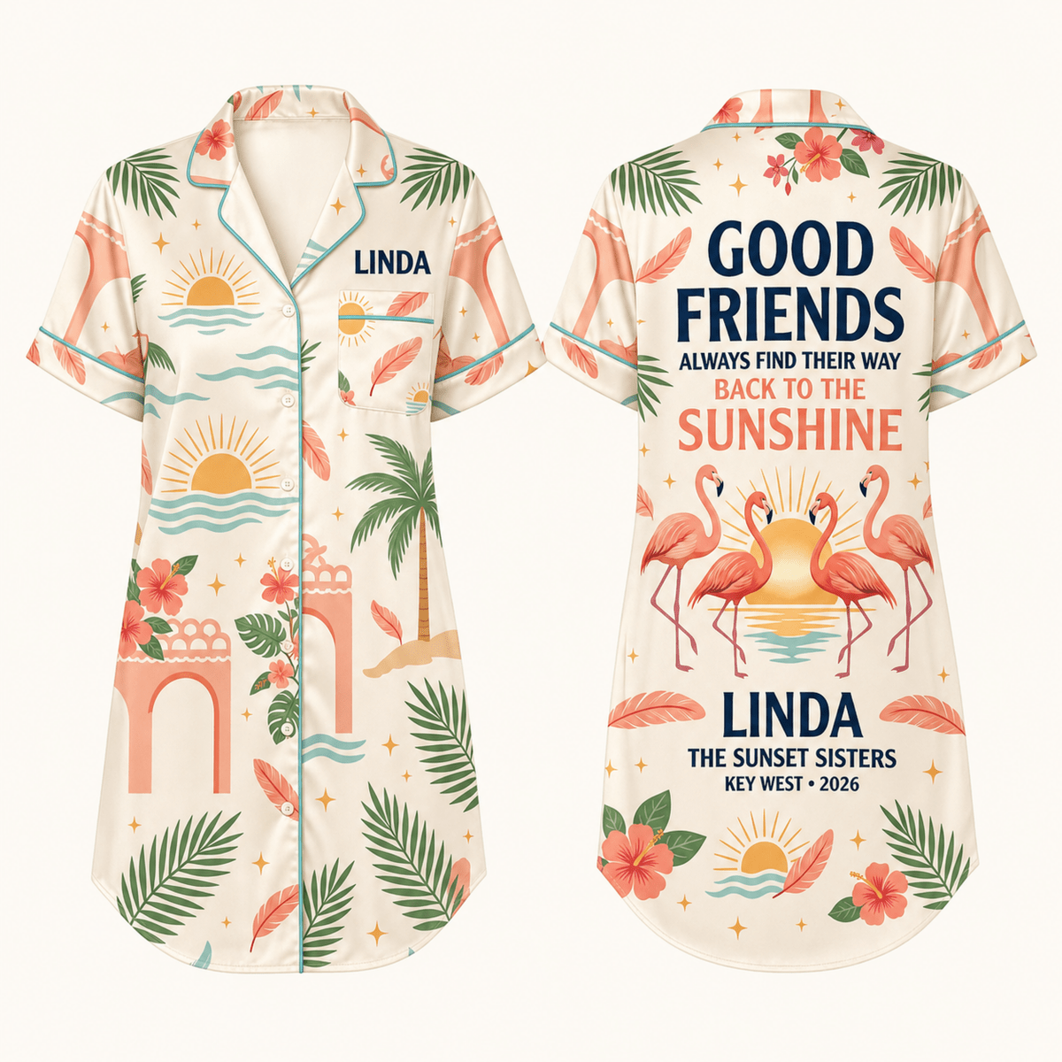 Personalized Good Friends Satin Pajama Shirt Dress | Matching Best Friend Sleep Shirt | Girls Trip Vacation Pajamas - FlamingoAholic