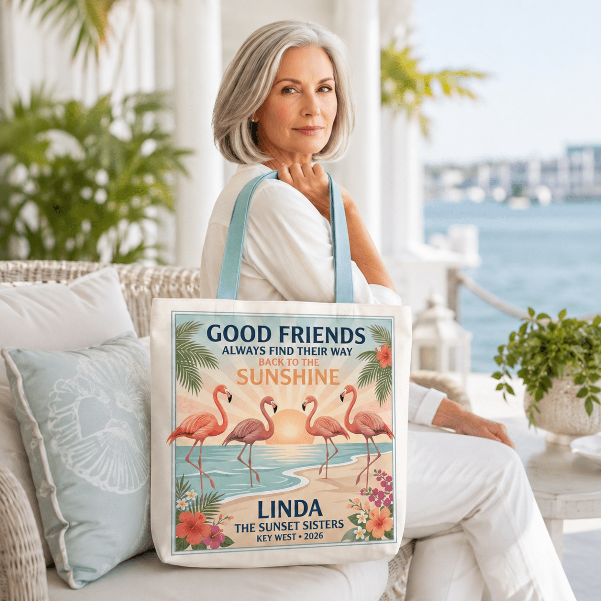 Personalized Good Friends Sunshine Tote Bag | Custom Flamingo Beach Canvas Tote - FlamingoAholic