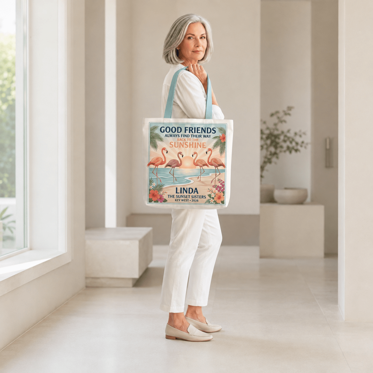 Personalized Good Friends Sunshine Tote Bag | Custom Flamingo Beach Canvas Tote - FlamingoAholic