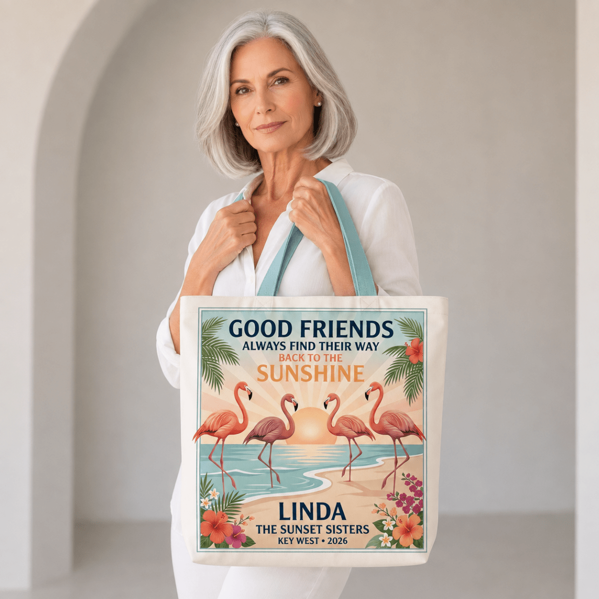 Personalized Good Friends Sunshine Tote Bag | Custom Flamingo Beach Canvas Tote - FlamingoAholic