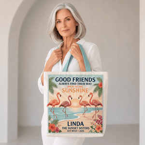 Personalized Good Friends Sunshine Tote Bag | Custom Flamingo Beach Canvas Tote - FlamingoAholic