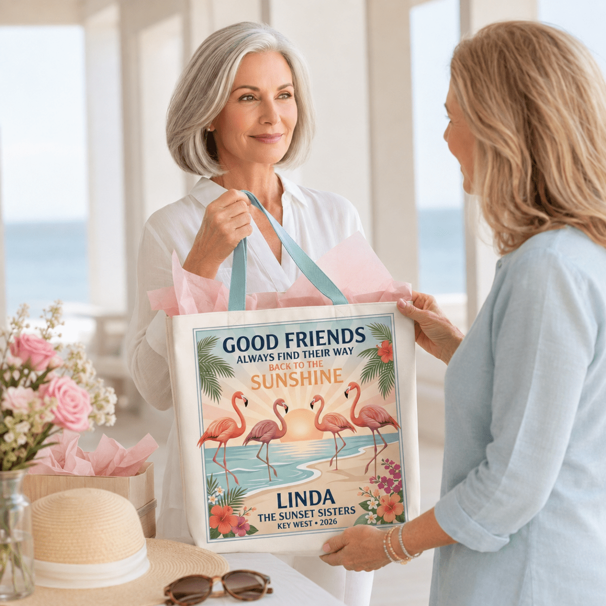 Personalized Good Friends Sunshine Tote Bag | Custom Flamingo Beach Canvas Tote - FlamingoAholic