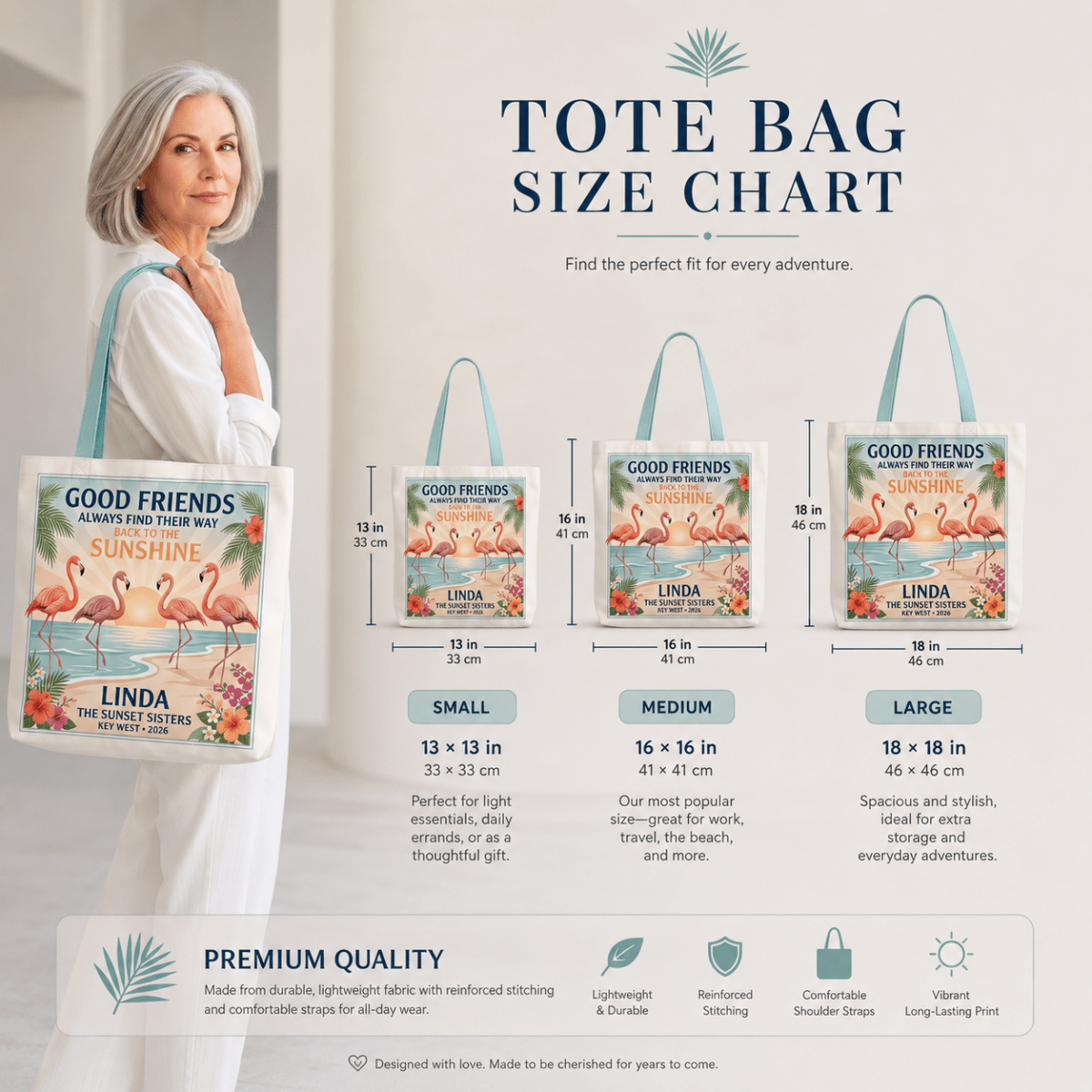 Personalized Good Friends Sunshine Tote Bag | Custom Flamingo Beach Canvas Tote - FlamingoAholic