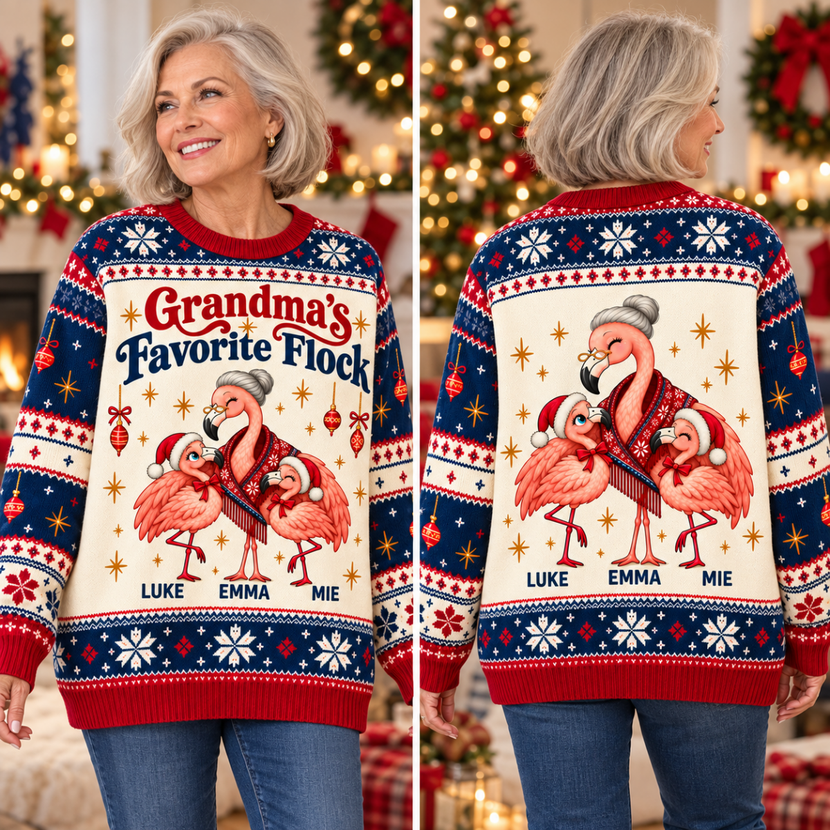 Personalized Grandma's Favorite Flock Christmas Sweater & Cardigan With Grandkids Names - FlamingoAholic
