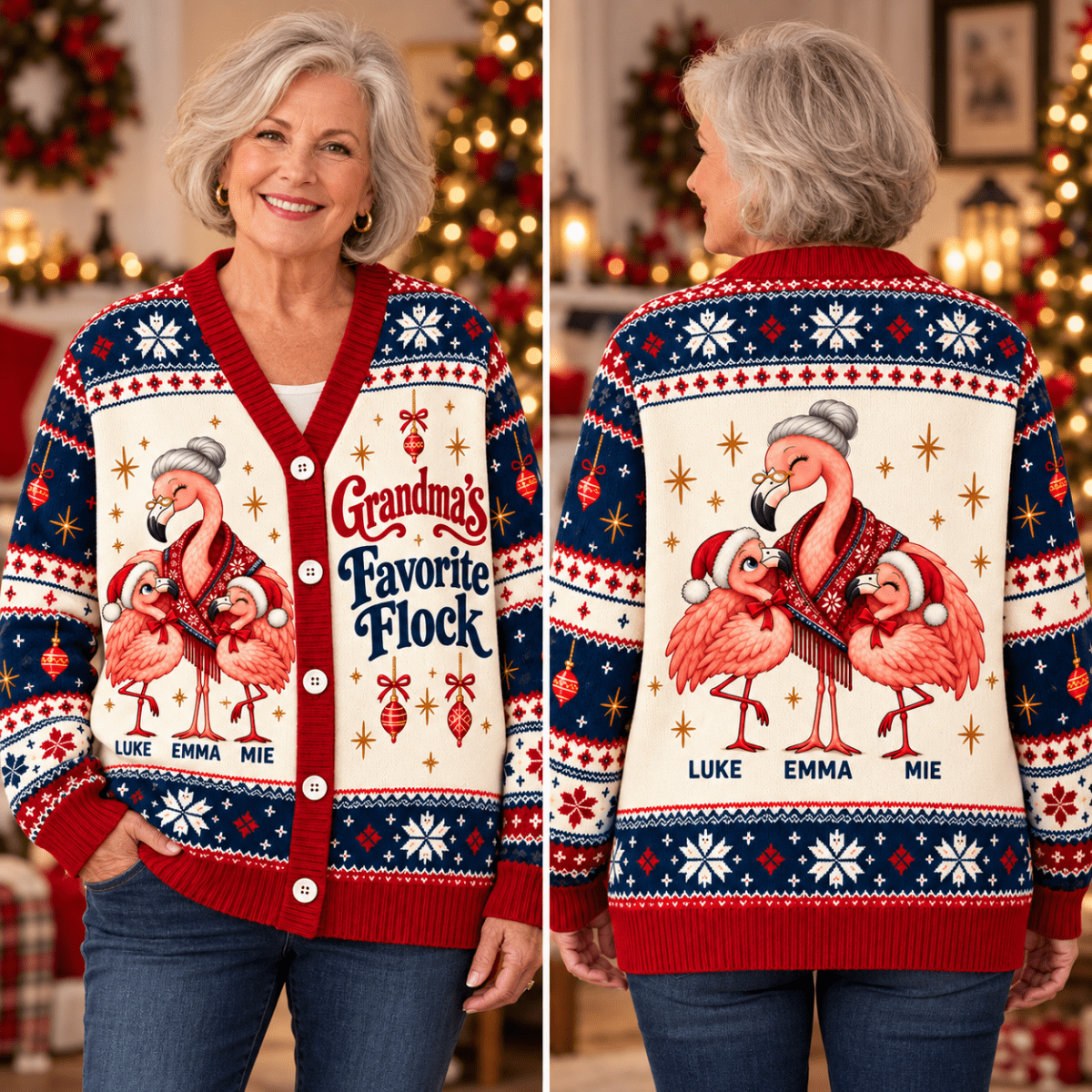 Personalized Grandma's Favorite Flock Christmas Sweater & Cardigan With Grandkids Names - FlamingoAholic