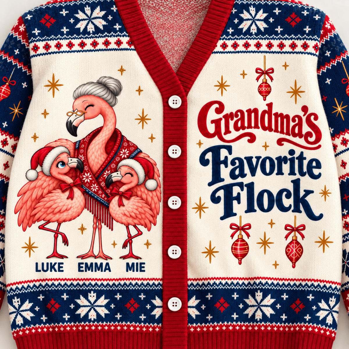 Personalized Grandma's Favorite Flock Christmas Sweater & Cardigan With Grandkids Names - FlamingoAholic