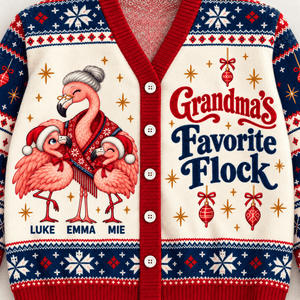 Personalized Grandma's Favorite Flock Christmas Sweater & Cardigan With Grandkids Names - FlamingoAholic