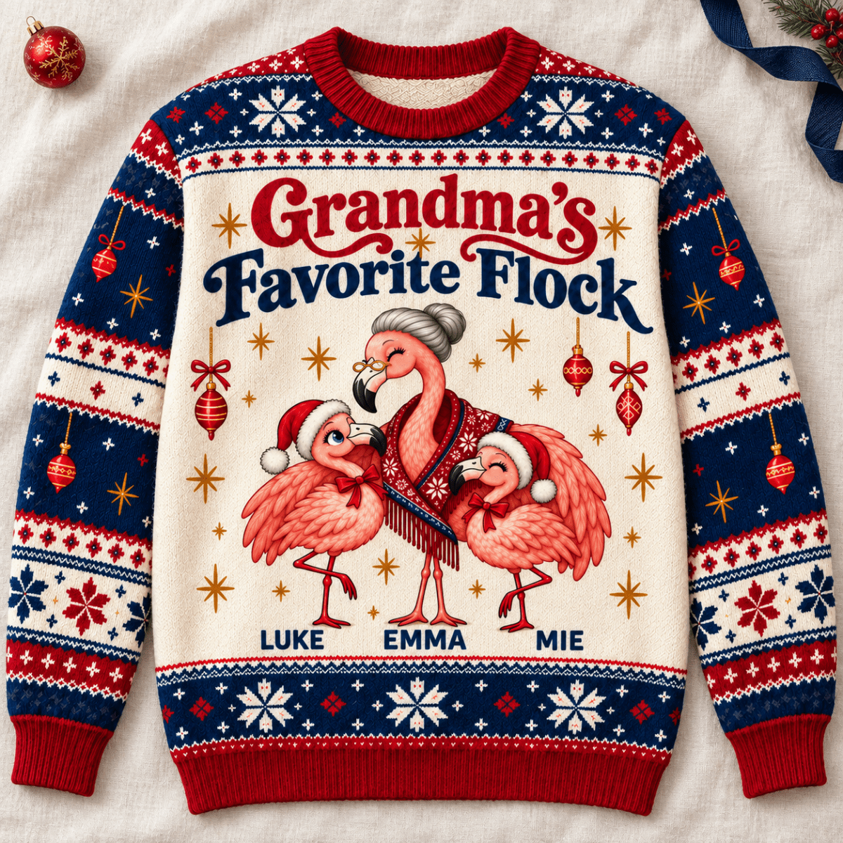 Personalized Grandma's Favorite Flock Christmas Sweater & Cardigan With Grandkids Names - FlamingoAholic