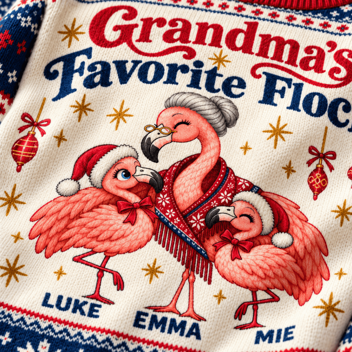 Personalized Grandma's Favorite Flock Christmas Sweater & Cardigan With Grandkids Names - FlamingoAholic