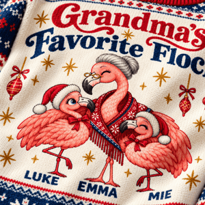 Personalized Grandma's Favorite Flock Christmas Sweater & Cardigan With Grandkids Names - FlamingoAholic