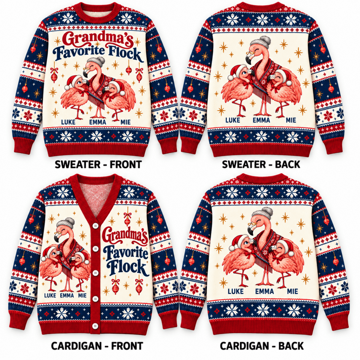Personalized Grandma's Favorite Flock Christmas Sweater & Cardigan With Grandkids Names - FlamingoAholic