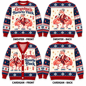 Personalized Grandma's Favorite Flock Christmas Sweater & Cardigan With Grandkids Names - FlamingoAholic
