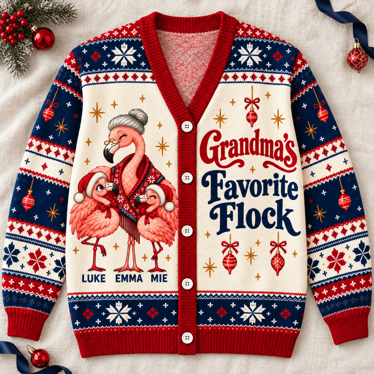 Personalized Grandma's Favorite Flock Christmas Sweater & Cardigan With Grandkids Names - FlamingoAholic