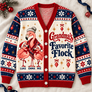 Personalized Grandma's Favorite Flock Christmas Sweater & Cardigan With Grandkids Names - FlamingoAholic
