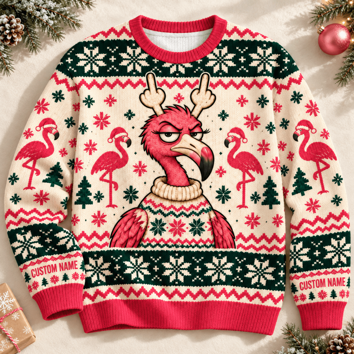 Personalized Grumpy Flamingo Christmas Knitted Sweater & Cardigan - FlamingoAholic