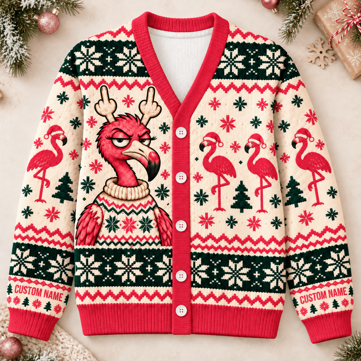 Personalized Grumpy Flamingo Christmas Knitted Sweater & Cardigan - FlamingoAholic