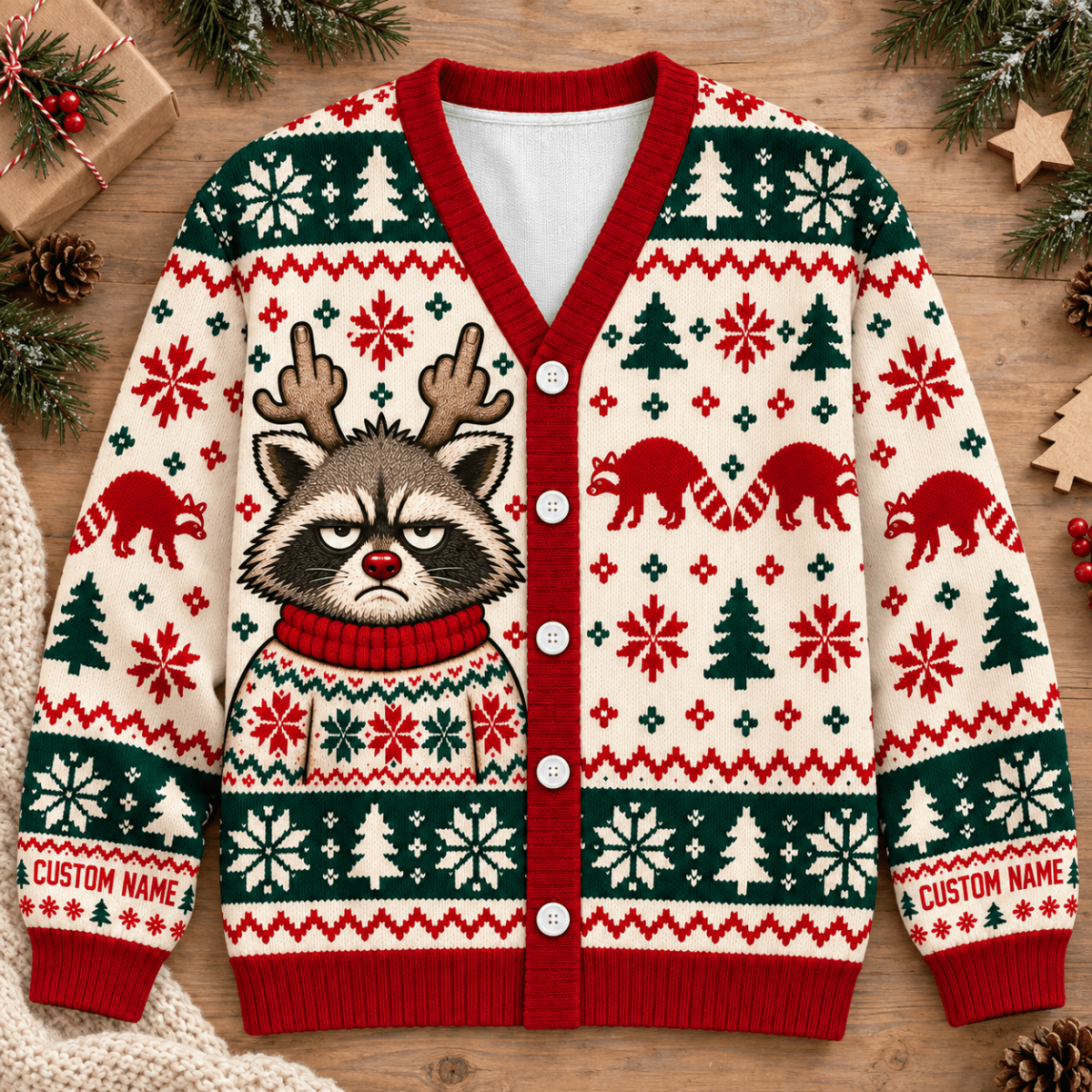 Personalized Grumpy Raccoon Christmas Knitted Sweater & Cardigan - FlamingoAholic