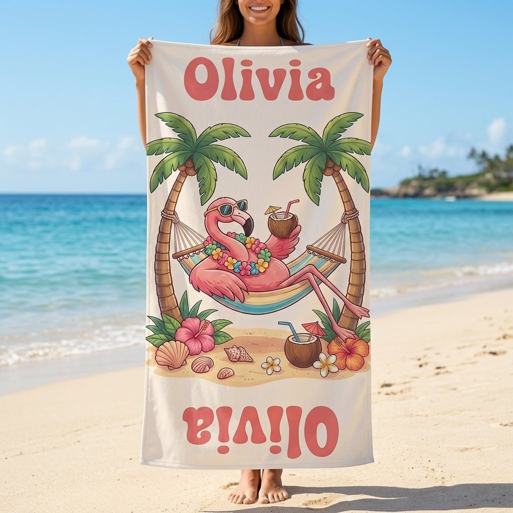 Personalized Hammock Flamingo Beach Towel - Tropical Relax Custom Name Summer Vacation Gift - FlamingoAholic