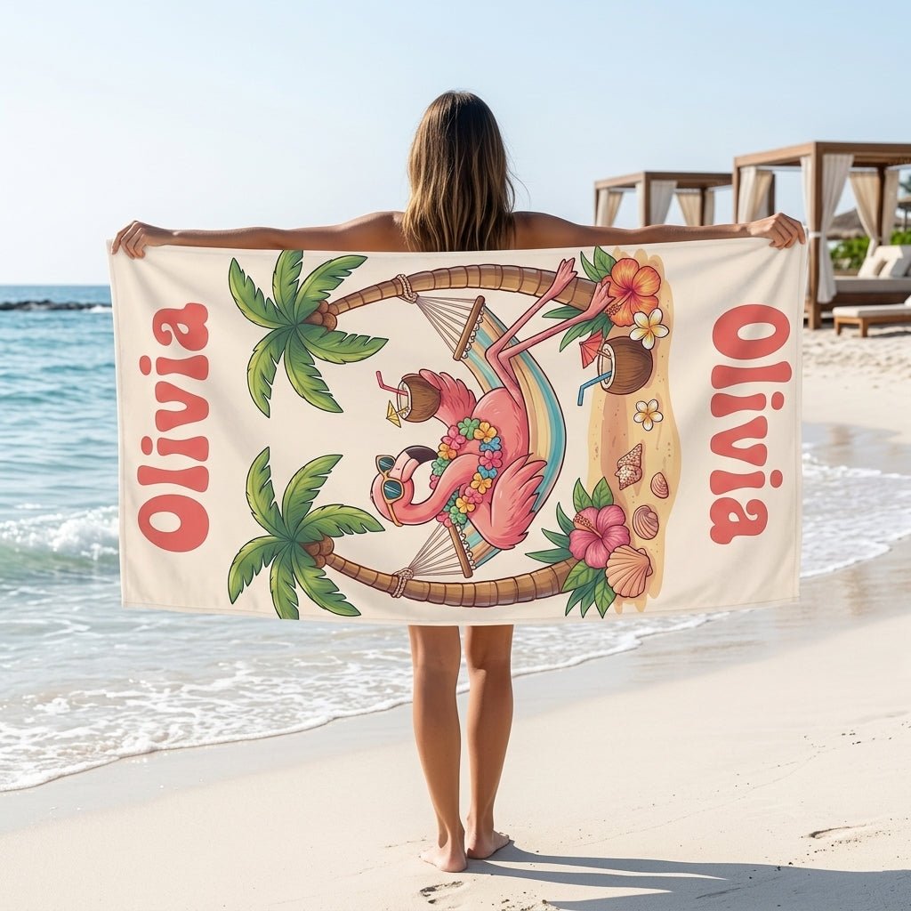 Personalized Hammock Flamingo Beach Towel - Tropical Relax Custom Name Summer Vacation Gift - FlamingoAholic