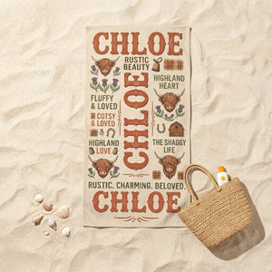 Personalized Highland Cow Beach Towel - Custom Name "Rustic. Charming. Beloved." - FlamingoAholic