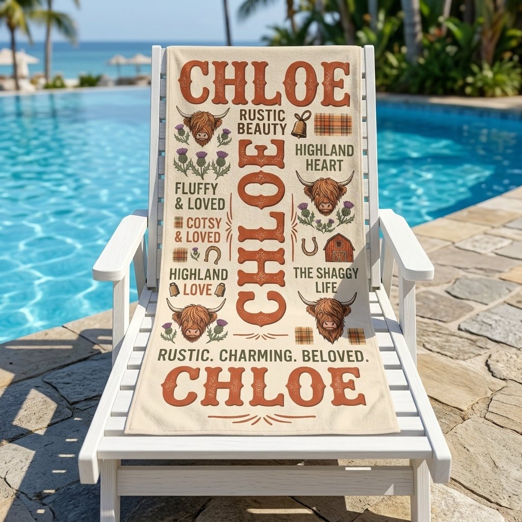 Personalized Highland Cow Beach Towel - Custom Name "Rustic. Charming. Beloved." - FlamingoAholic