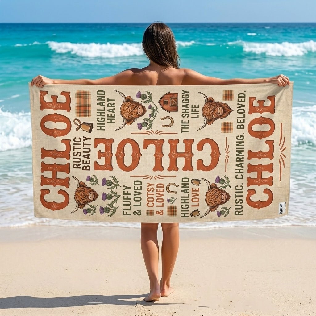 Personalized Highland Cow Beach Towel - Custom Name "Rustic. Charming. Beloved." - FlamingoAholic