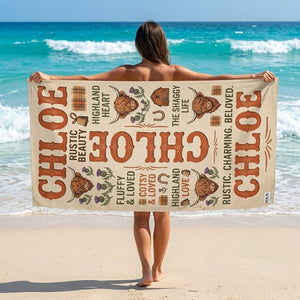 Personalized Highland Cow Beach Towel - Custom Name "Rustic. Charming. Beloved." - FlamingoAholic
