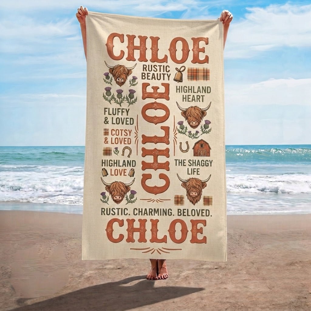 Personalized Highland Cow Beach Towel - Custom Name "Rustic. Charming. Beloved." - FlamingoAholic