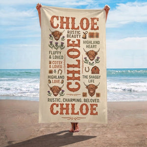 Personalized Highland Cow Beach Towel - Custom Name "Rustic. Charming. Beloved." - FlamingoAholic
