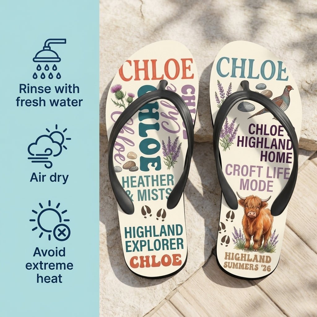 Personalized Highland Cow Lightweight Flip Flops - Custom Name "Chloe" - FlamingoAholic