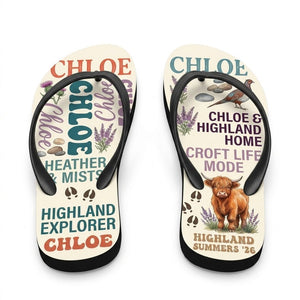 Personalized Highland Cow Lightweight Flip Flops - Custom Name "Chloe" - FlamingoAholic